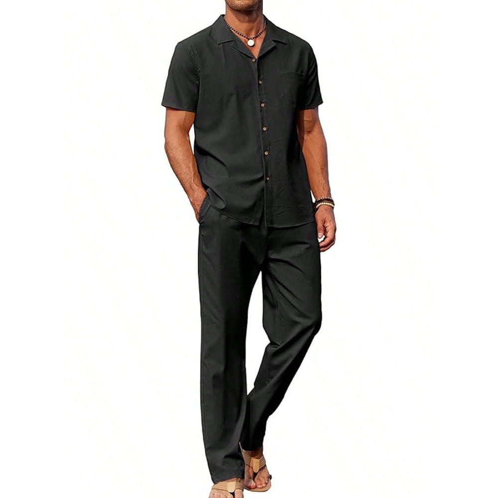 Men short sleeve shirt and trousers set featuring a black short-sleeved button-up shirt with a collar and front pockets.