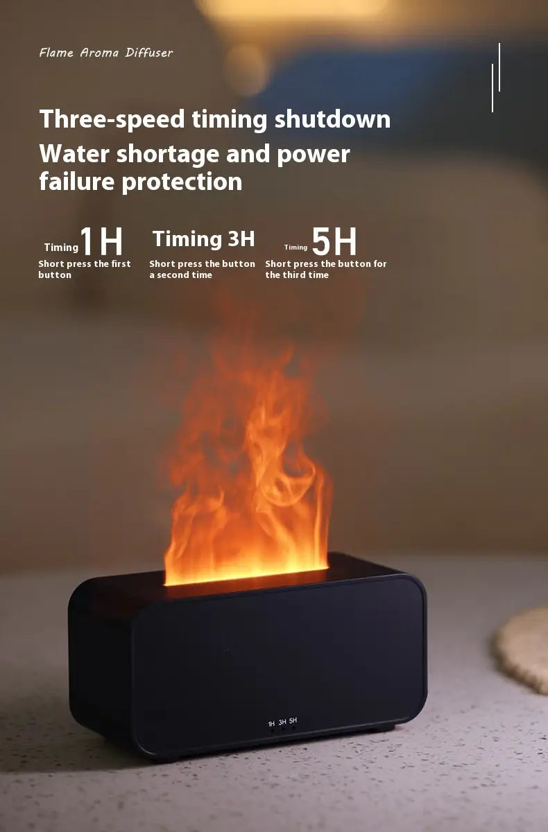 Black rectangular flame diffuser humidifier with realistic orange flame effect and jellyfish mist effect for aroma and humidity control.