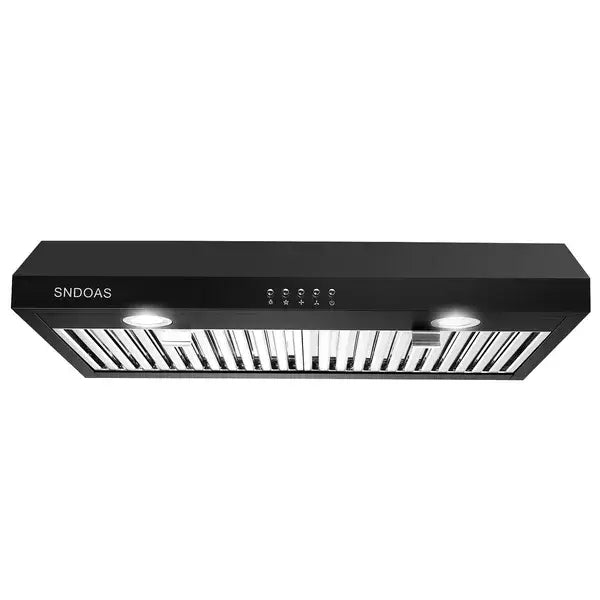 30 inch black range hood with sleek modern design and stainless steel vent grille featuring 600 cfm under cabinet vent and LED lighting.