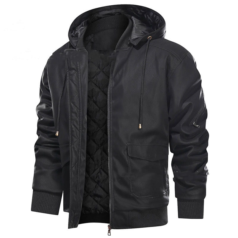 Black men’s leather motorcycle jacket with removable hood features a quilted interior and zipper closure.