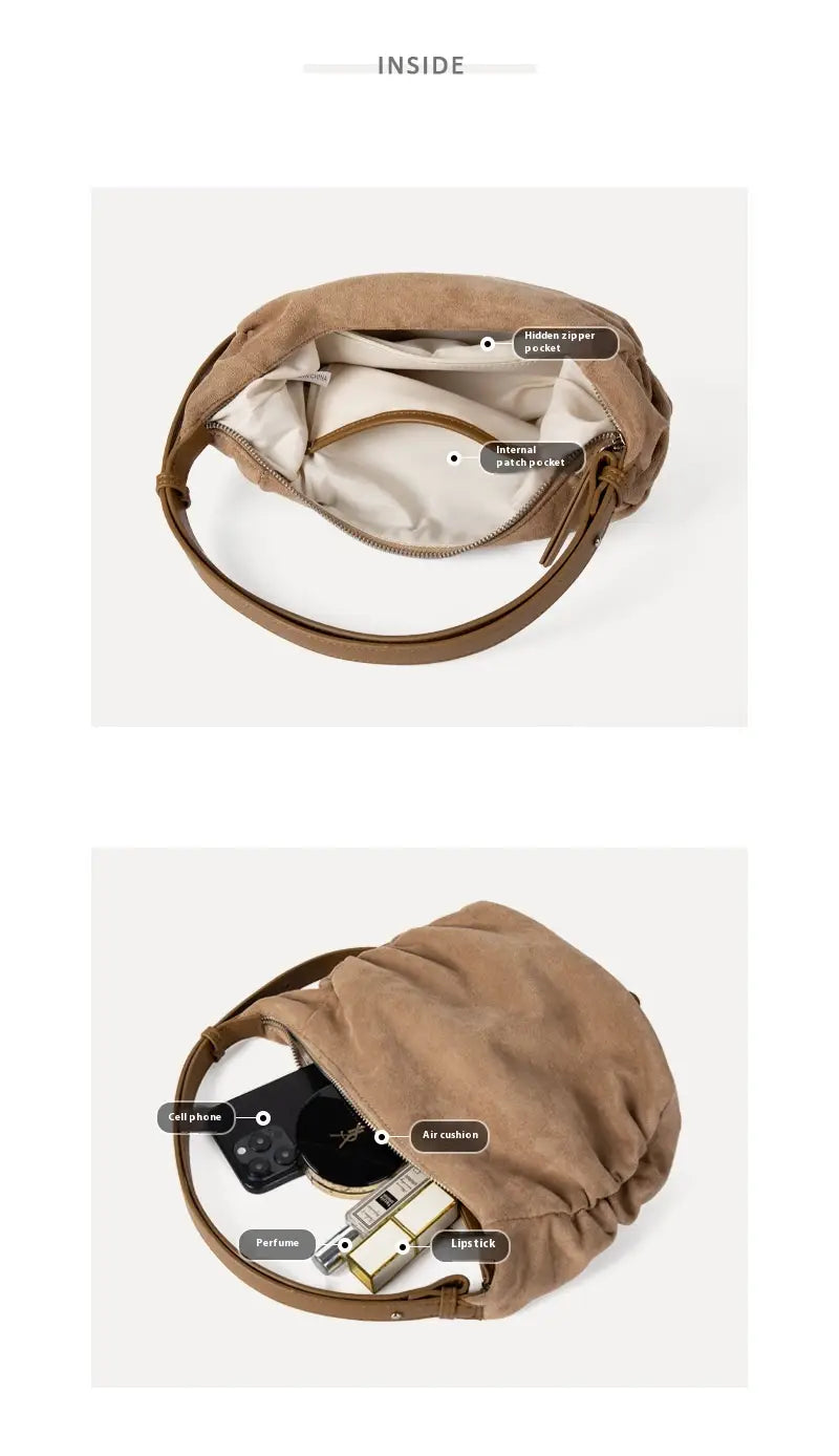 Brown suede dumpling shoulder bag with a slouchy crossbody design and a soft interior zippered pocket.