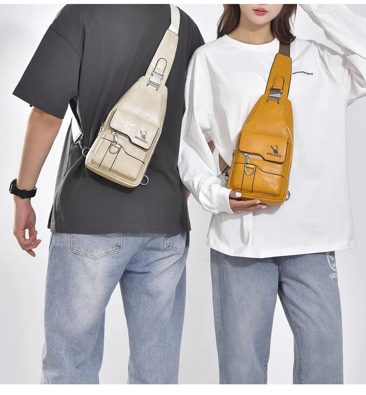 Men’s retro waterproof faux leather crossbody chest bags in beige and mustard yellow with front zippered pockets and wesler logo.