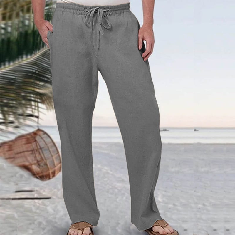 Men linen straight leg casual pants in gray featuring a lightweight breathable fabric with a relaxed fit drawstring waist and side pockets.