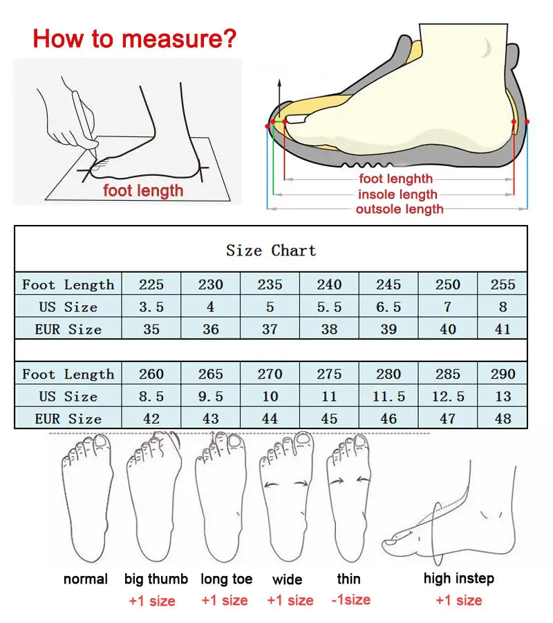 L’image présente un tableau des tailles détaillé pour des baskets de mode athlétiques en daim pour hommes, du pointure 39 à 44, incluant des mesures et des guides de forme du pied.