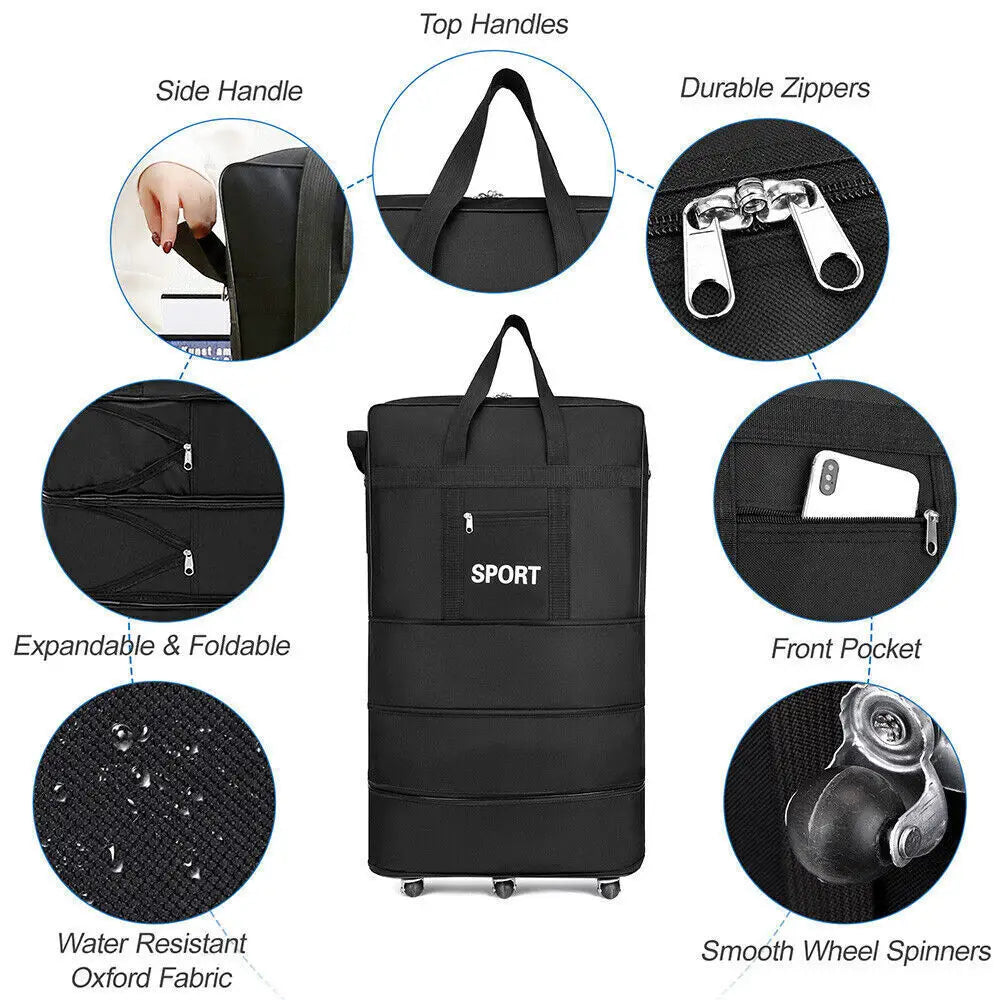 Black 42 inch expandable lightweight rolling travel suitcase made of water-resistant oxford fabric with durable zippers, smooth wheel spinners, top and side handles, and front pocket for phone storage.