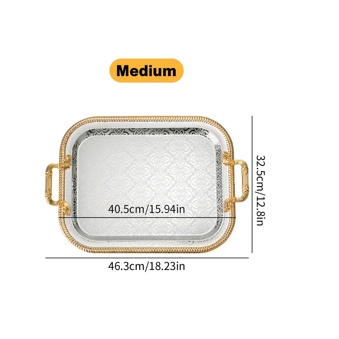 Luxury rectangle serving tray featuring a silver-toned embossed damask pattern and ornate gold-colored handles.