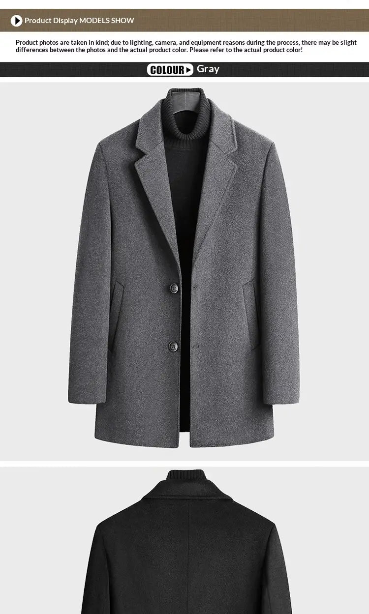 Grauer Wollmantel mit klassischem doppelreihigem Design und Revers mit Kerbschnitt, ideal für warme Winterbekleidung in der Kollektion Herren-Dicker Wollmantel.