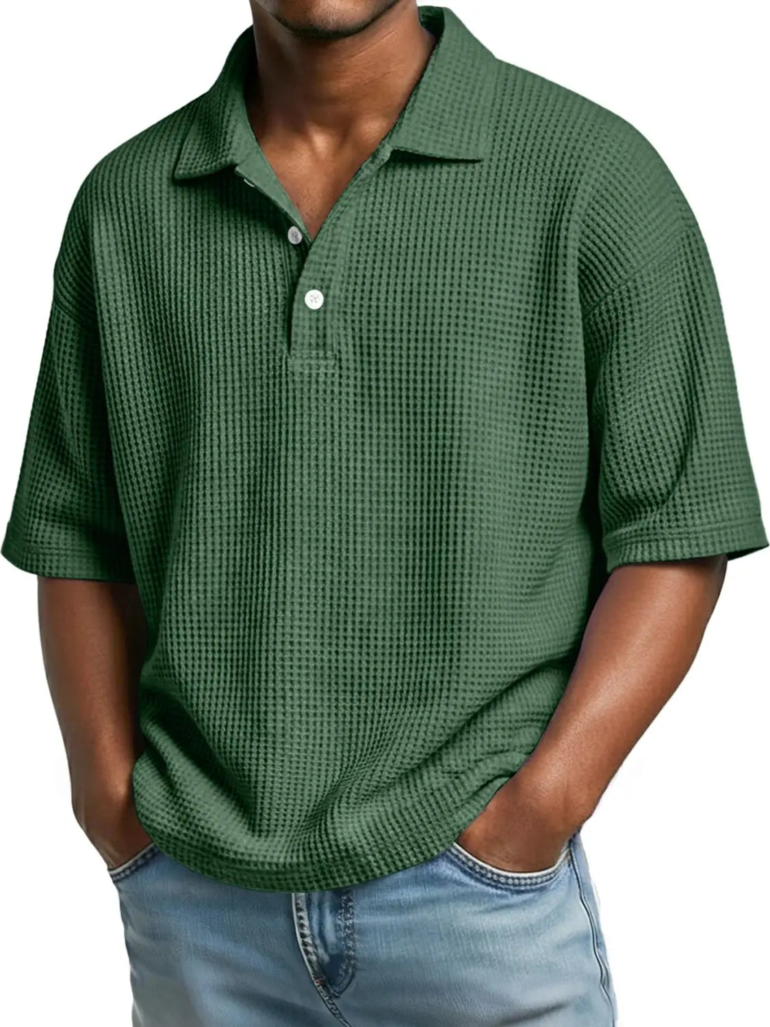 Men’s slim fit waffle knit short sleeve polo shirt in dark green with white buttons.