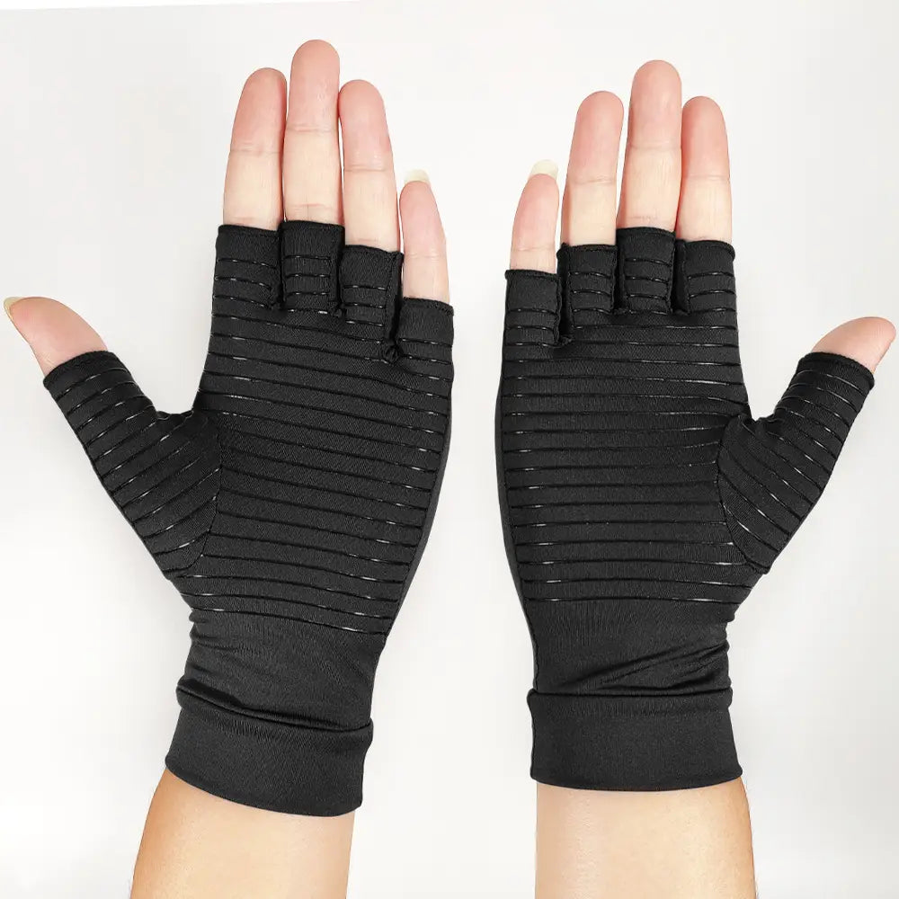 black fingerless compression riding gloves with ribbed texture and elastic wristband for wrist support shown from the back side