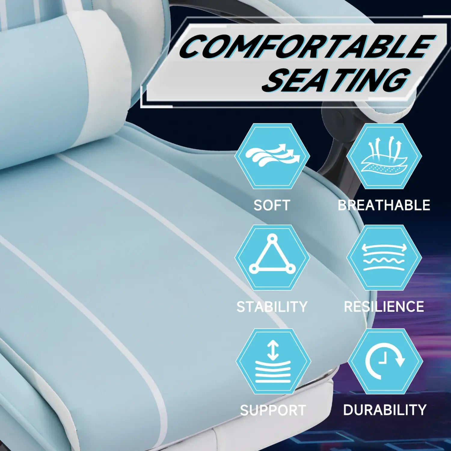Light blue upholstered gaming chair with white trim and breathable cushioning featuring footrest and massage lumbar support.
