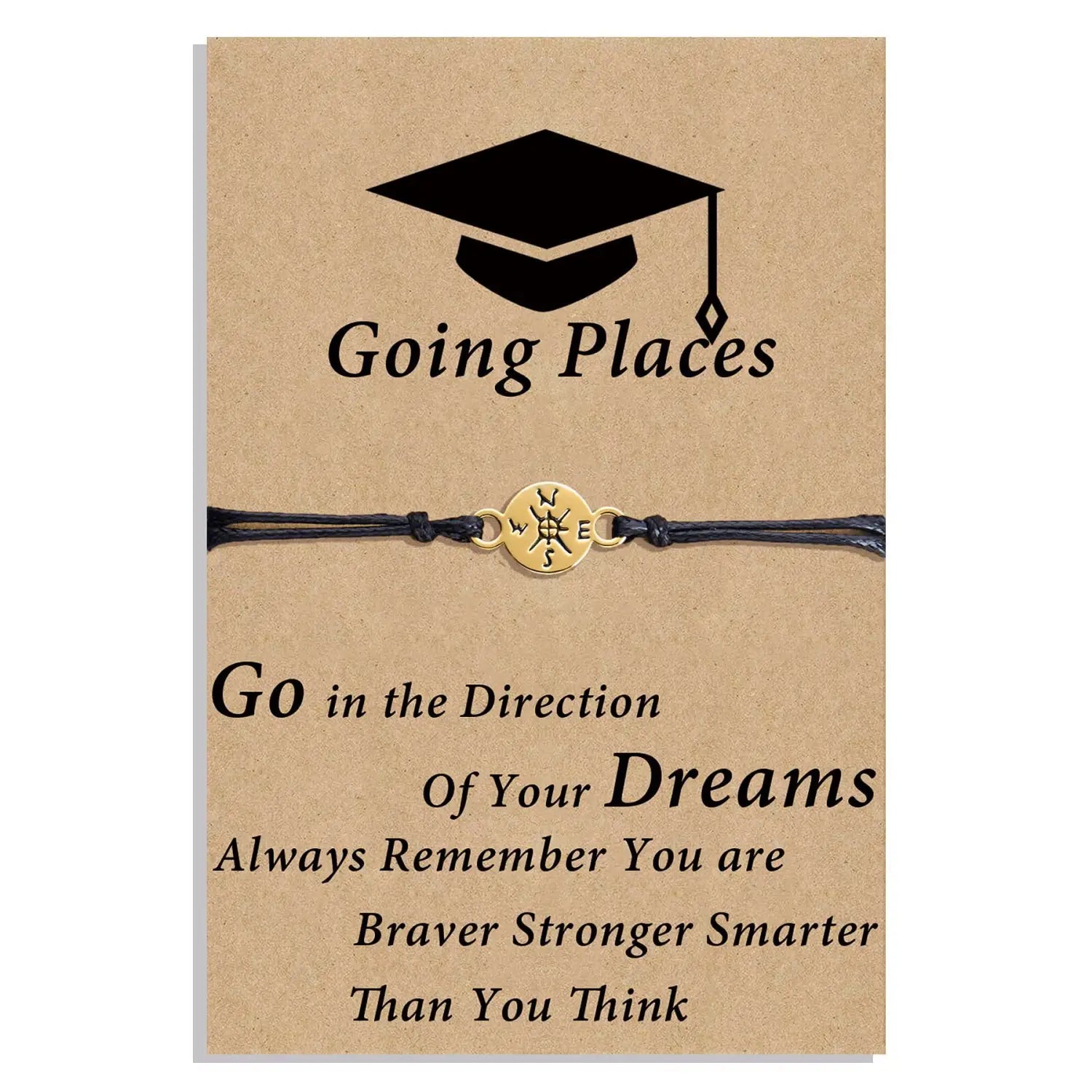 Gold-toned compass charm graduation adventure cord bracelet with black cord and detailed charm.