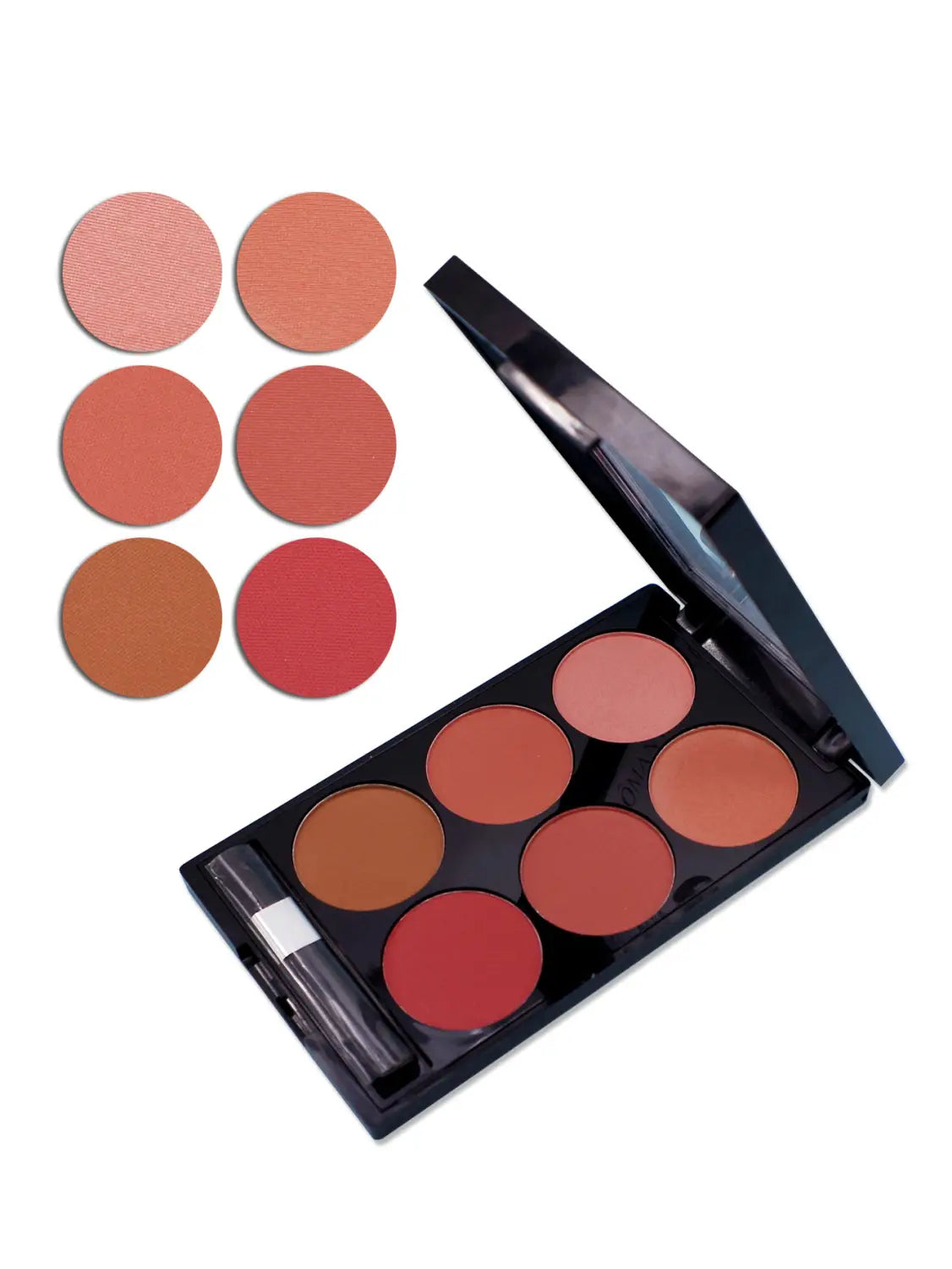 Palette compacte de fard à joues noir en six couleurs et kit de contour du visage en V, comprenant huit teintes circulaires aux tons chauds allant du pêche au rouge profond, avec applicateur assorti.