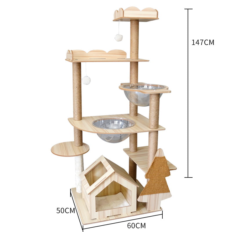 Light wood multi-level wooden cat tree scratching post and condo featuring platforms and a house-shaped hideaway for cat activity and rest.