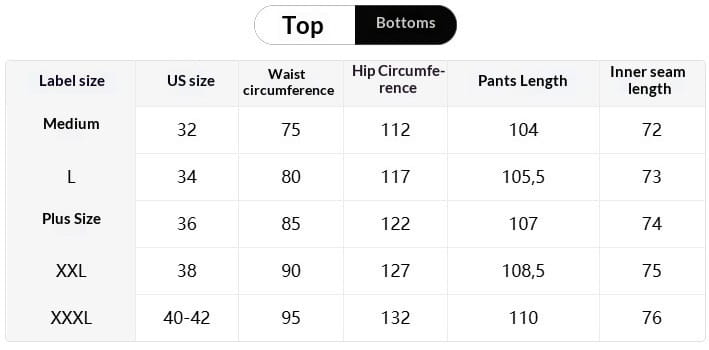 L’image montre un tableau des tailles pour des pantalons décontractés plissés à jambes larges pour hommes, détaillant le tour de taille et les mesures des hanches pour diverses tailles.