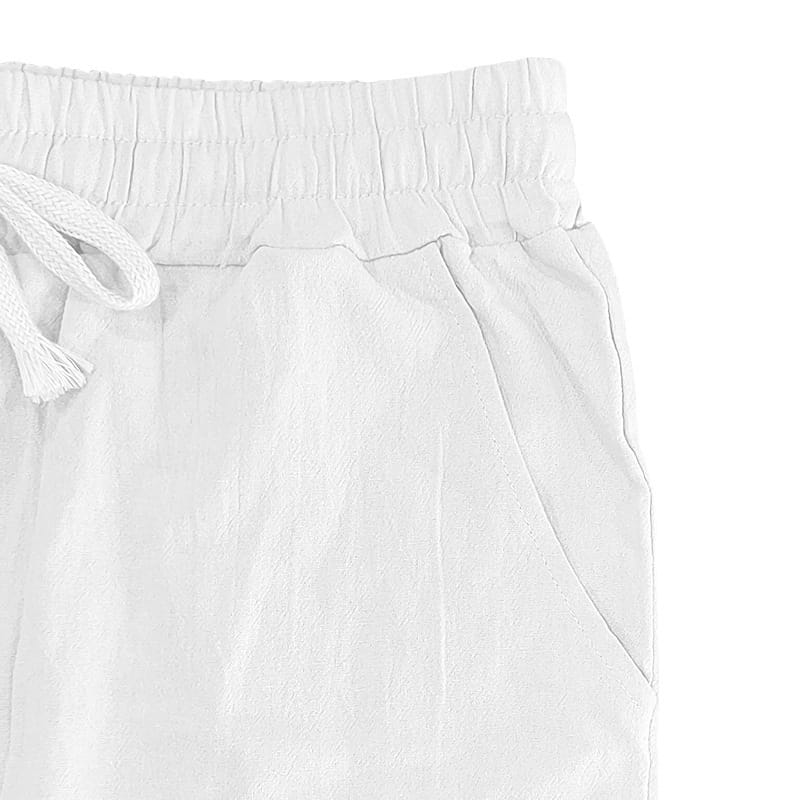 Weiße Leinenhose mit Kordelzug, weich strukturierter Oberfläche und elastischem Bund aus dem Set mit Herren-Leinenhemd und -Hose.