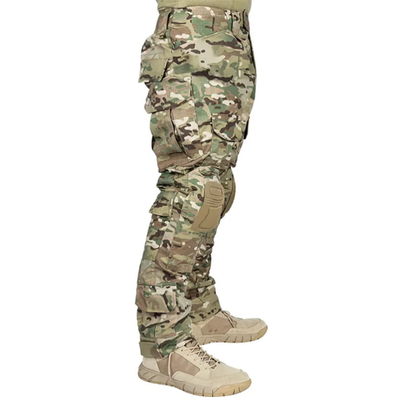 Tactical camouflage cargo pants for men in multicam pattern with multiple cargo pockets and reinforced knee pads designed for durability and outdoor use.