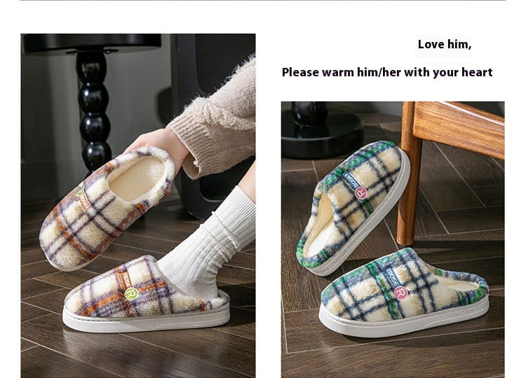 Unisex plaid fleece lined non slip indoor slippers featuring a soft fleece interior and white rubber soles.
