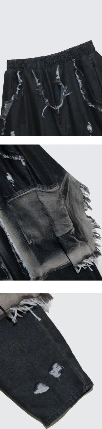 Schwarze, bestickte Patchwork-Jeans-Haremshosen mit ausgefransten Kanten und einer Patch-Tasche in einem entspannten, designorientierten Schnitt
