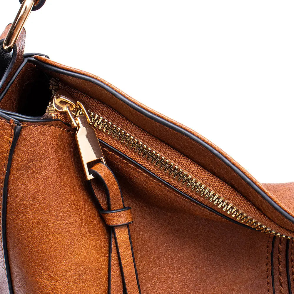 Premium brown leather hobo crossbody bag featuring gold-tone zipper and trim detailing.
