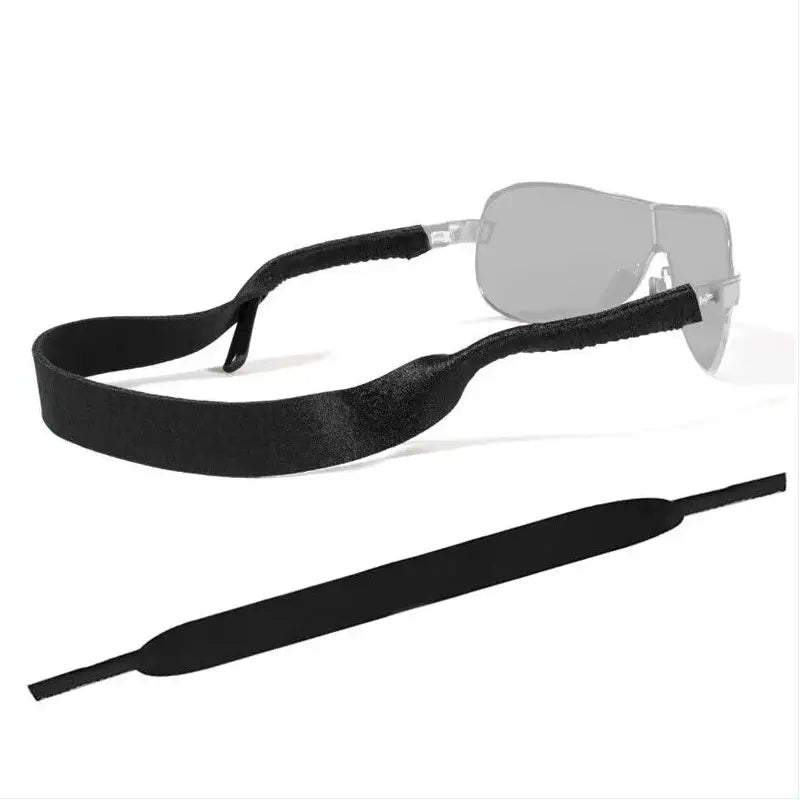 Black silicone sunglasses strap with a textured surface and adjustable ends from a 4-pack adjustable sports sunglasses straps and eyewear lanyards set.