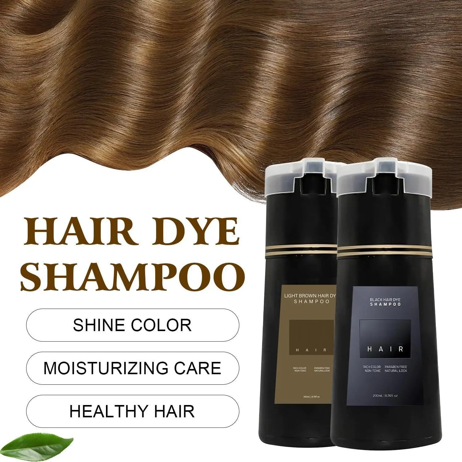 two black cylindrical bottles of hair dye shampoo with moisturizing formula for dark brown hair, labeled light brown hair dye shampoo and black hair dye shampoo, each with a clear flip-top cap.