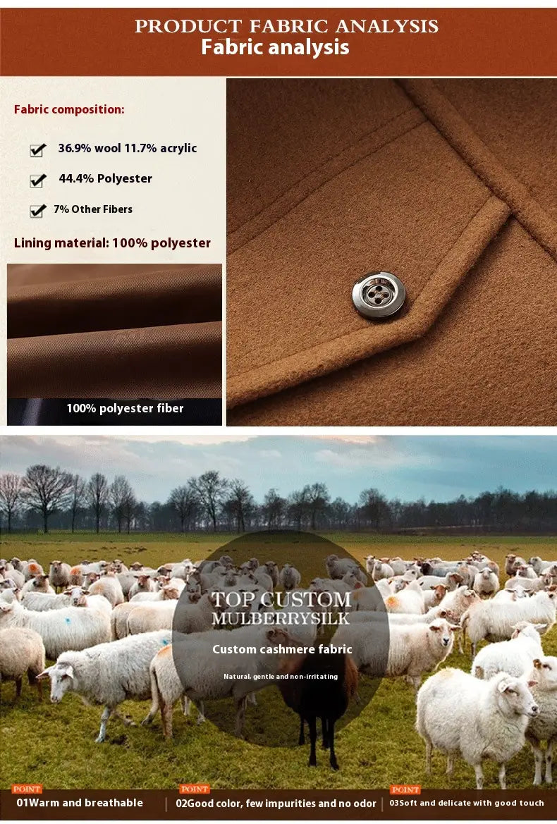 Brown wool and acrylic blend men woolen coat zipper trench jacket featuring a silver button.