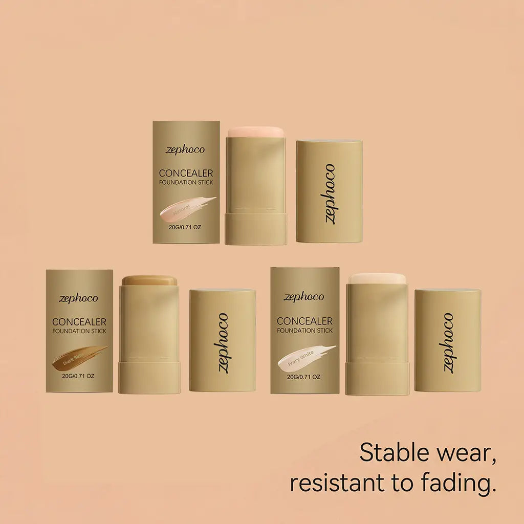 Beige cylindrical zephoco foundation sticks with minimalist packaging and visible natural concealing makeup swatches.