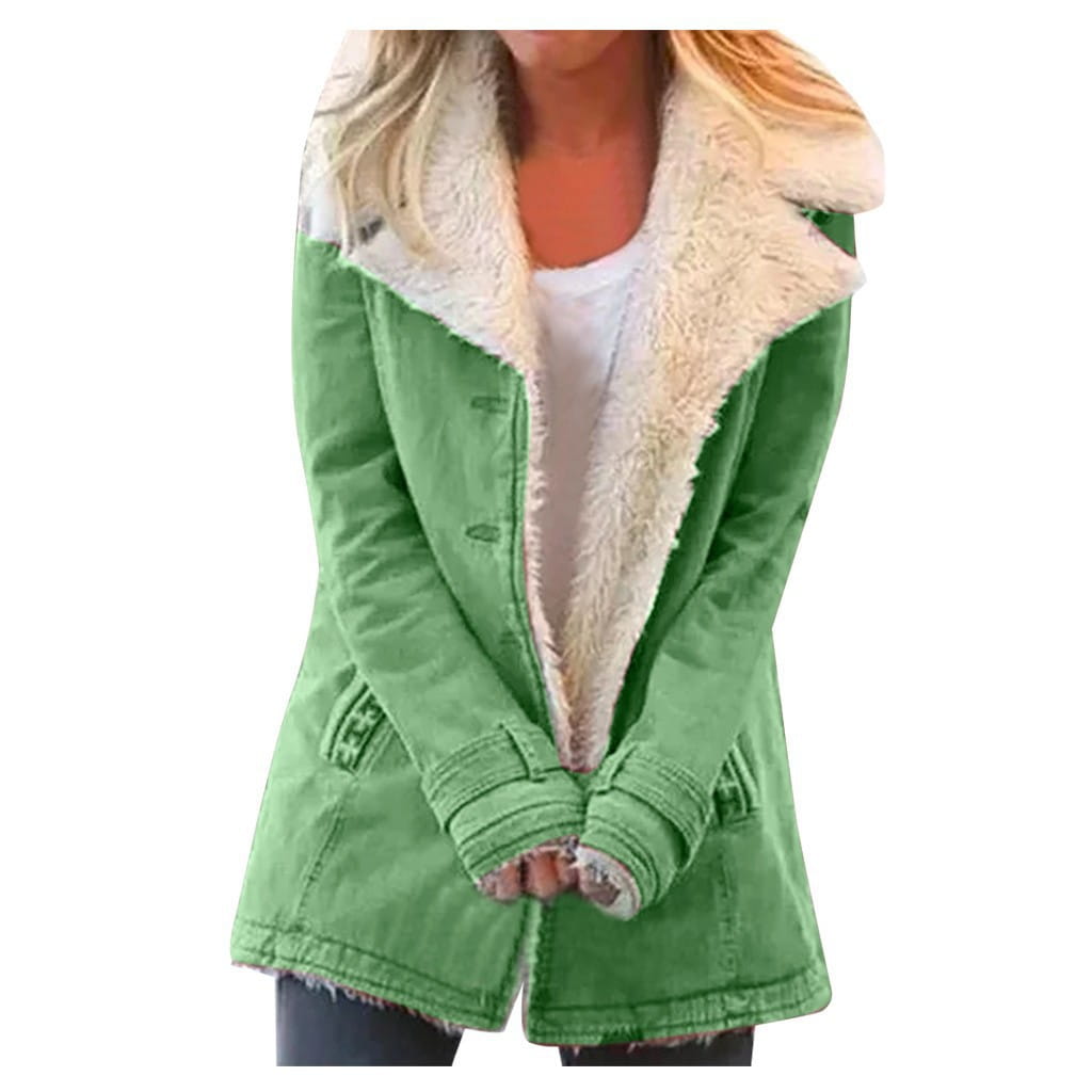 Women fleece cotton padded jacket in green denim with plush cream-colored shearling lining and frayed hem.