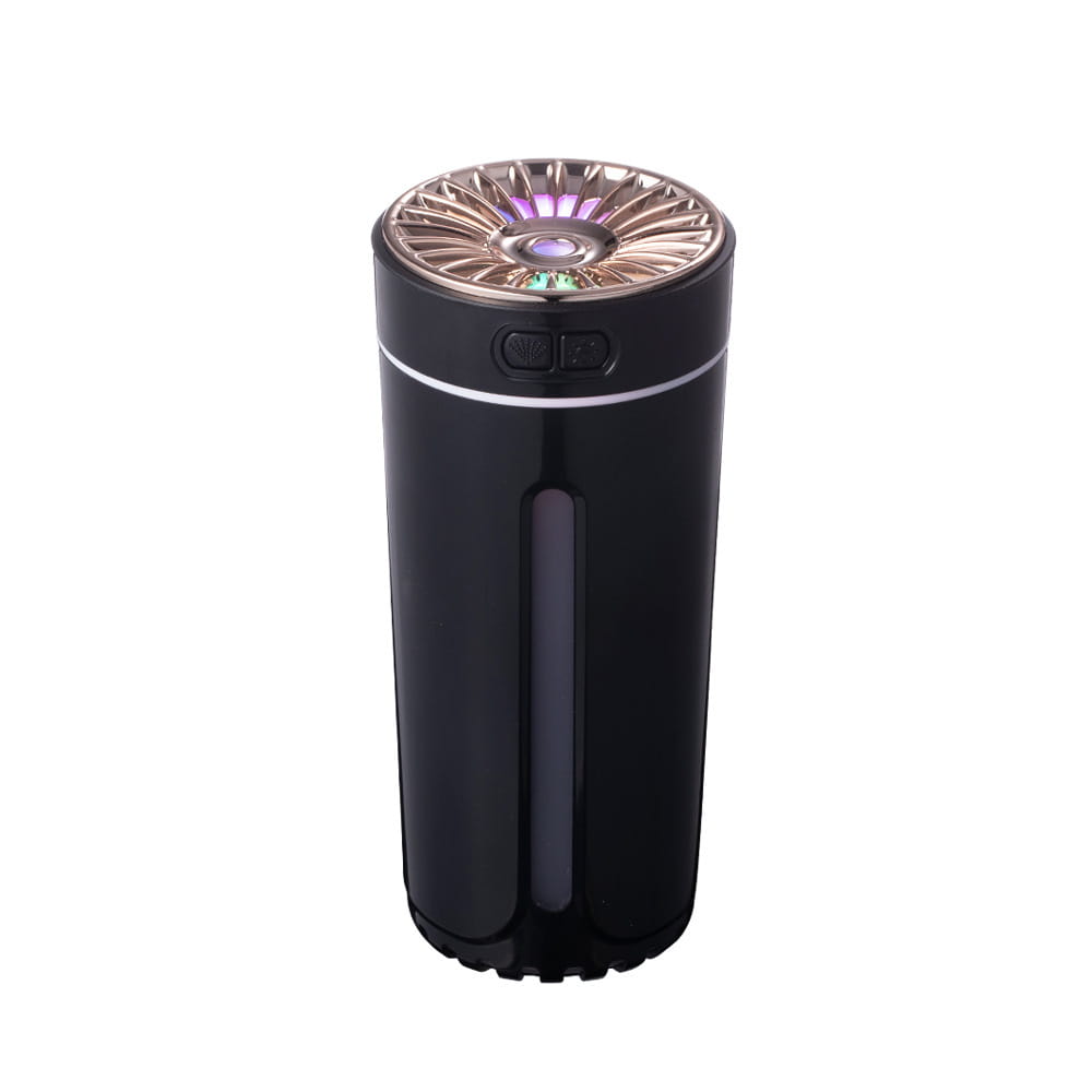 Black cylindrical Phantom Cup humidifier with rose gold top, illuminated fan design, and control buttons, silent USB air diffuser.