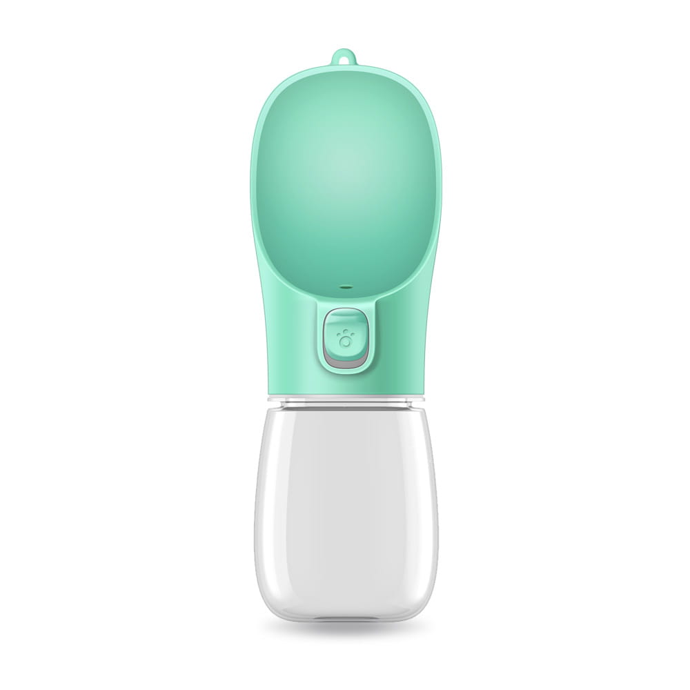 A sleek mint green pet water bottle with a clear plastic base and a button-activated spout designed as a portable travel cup available in 350ml and 550ml sizes.