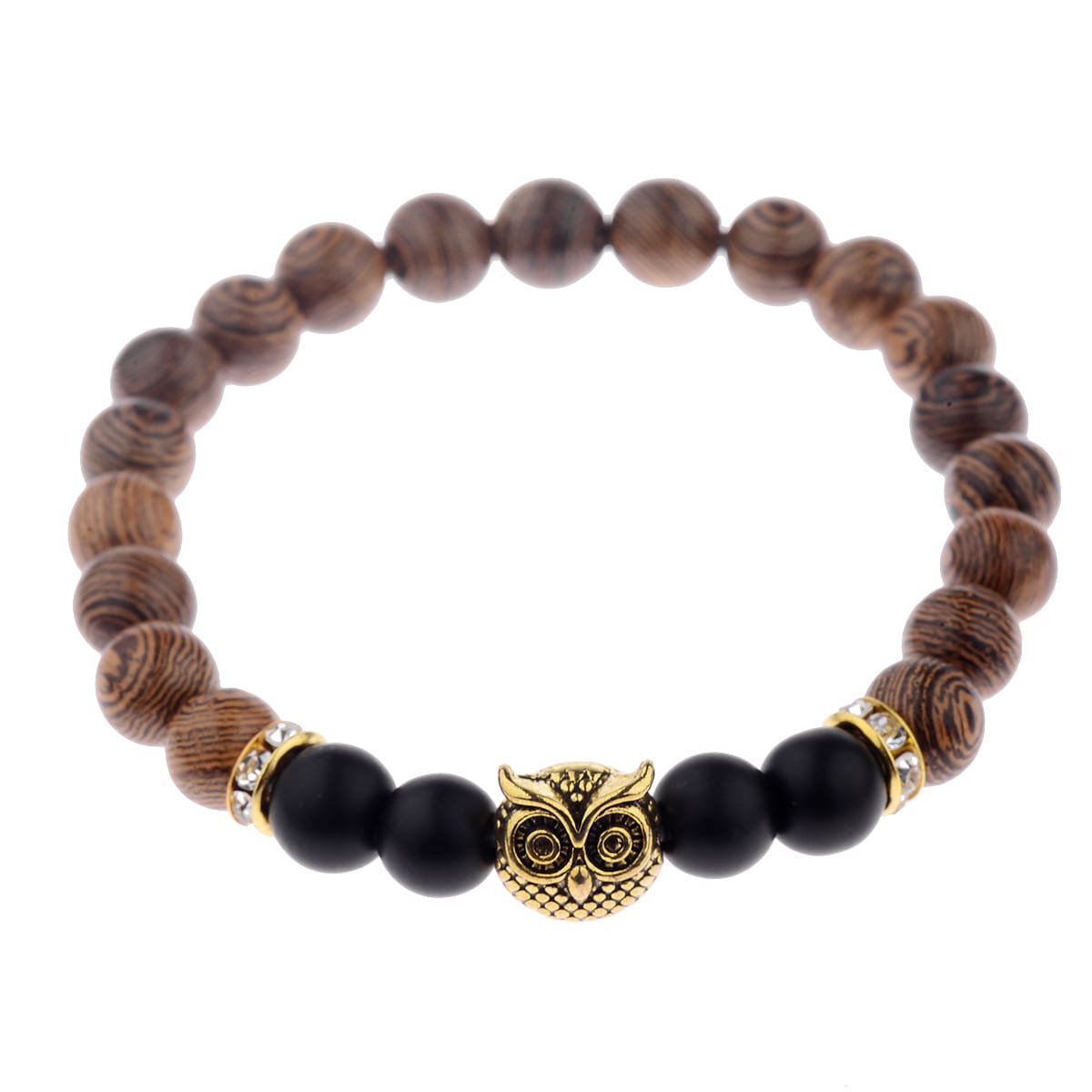 A brown wood-patterned beaded bracelet featuring a central gold owl charm flanked by black onyx beads and crystal-encrusted metal spacers.