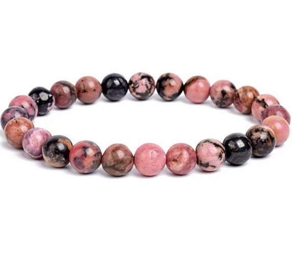 A unisex 8mm polished agate and amethyst stretch bracelet featuring a delicate pink and black rhodonite bead design with a smooth finish.