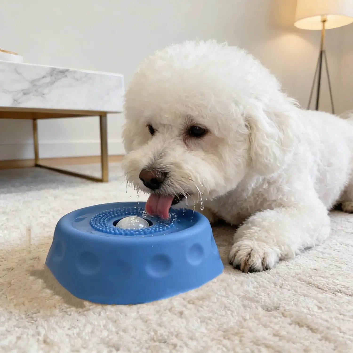 Blauer Kunststoff-Napf zum Lecken für Hunde mit strukturierter Oberfläche und zentraler rollender Kugel, ausgelegt als Slow-Feeder-Spielzeug.