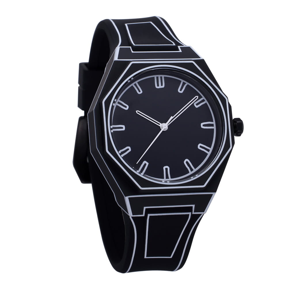 Black modern octagonal minimalist waterproof silicone watch featuring a sleek geometric design with white outlines on the case and strap.