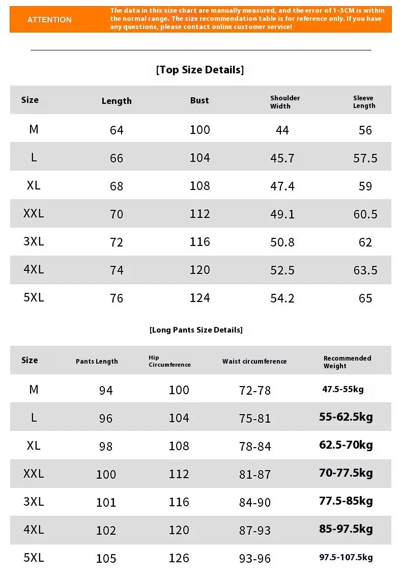 The size chart for men fleece lined tracksuit set long pants shows measurements in centimeters and recommended weights for sizes m to 5xl.