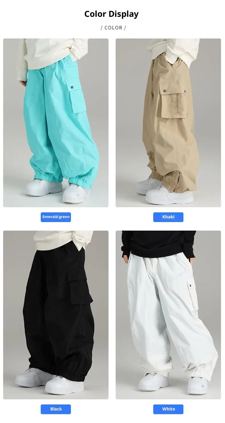 Winter outdoor loose ski pants in emerald green khaki black and white cargo style designed for cold weather activities.