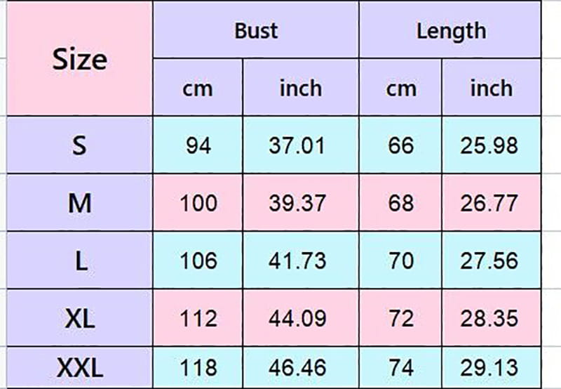 Size chart table displaying bust and length measurements in centimeters and inches for sizes S through XXL of a women 3d print crewneck tank top.