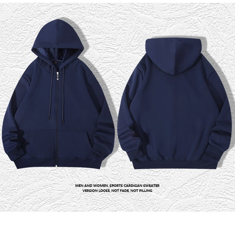 Herren-Schwergewichts-Fleece-Zip-Hoodie in Übergröße in Navyblau mit Kapuze, Fronttaschen sowie gerippten Bündchen und Saum.