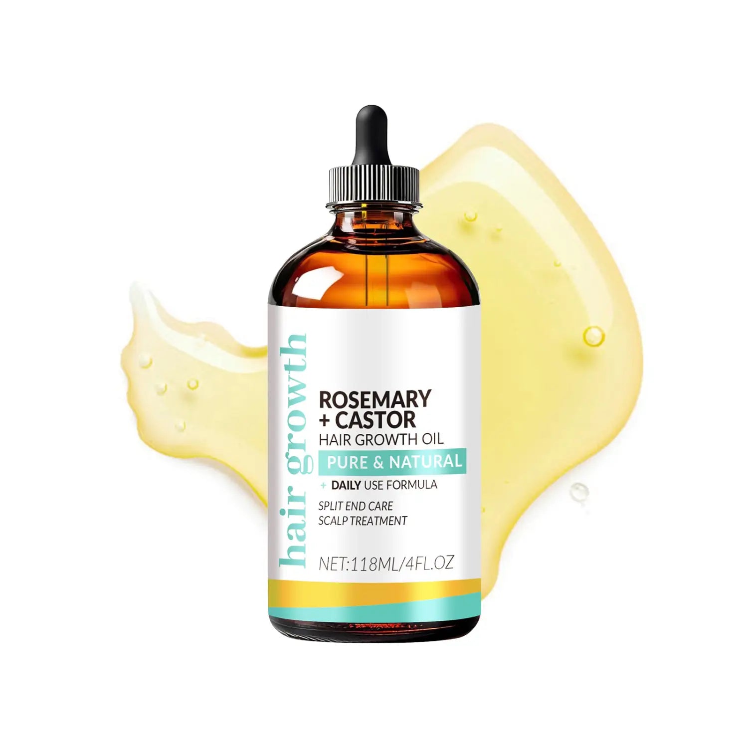 Frasco de vidrio ámbar con aceite de crecimiento de cabello con ricino y romero, con tapa cuentagotas negra y etiqueta blanca con acentos turquesa para el masaje del cuero cabelludo.