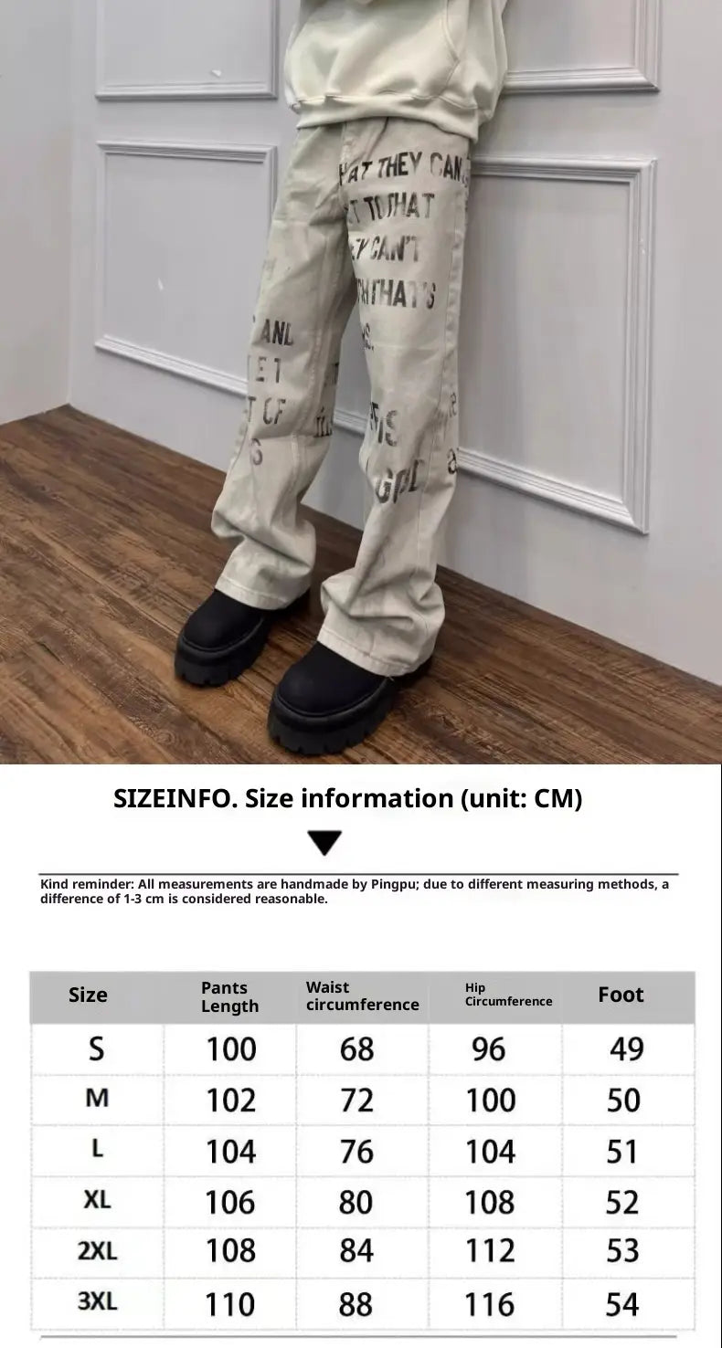 Beige Off White distressed cargo jeans featuring black graffiti print text across the legs in a durable denim material.