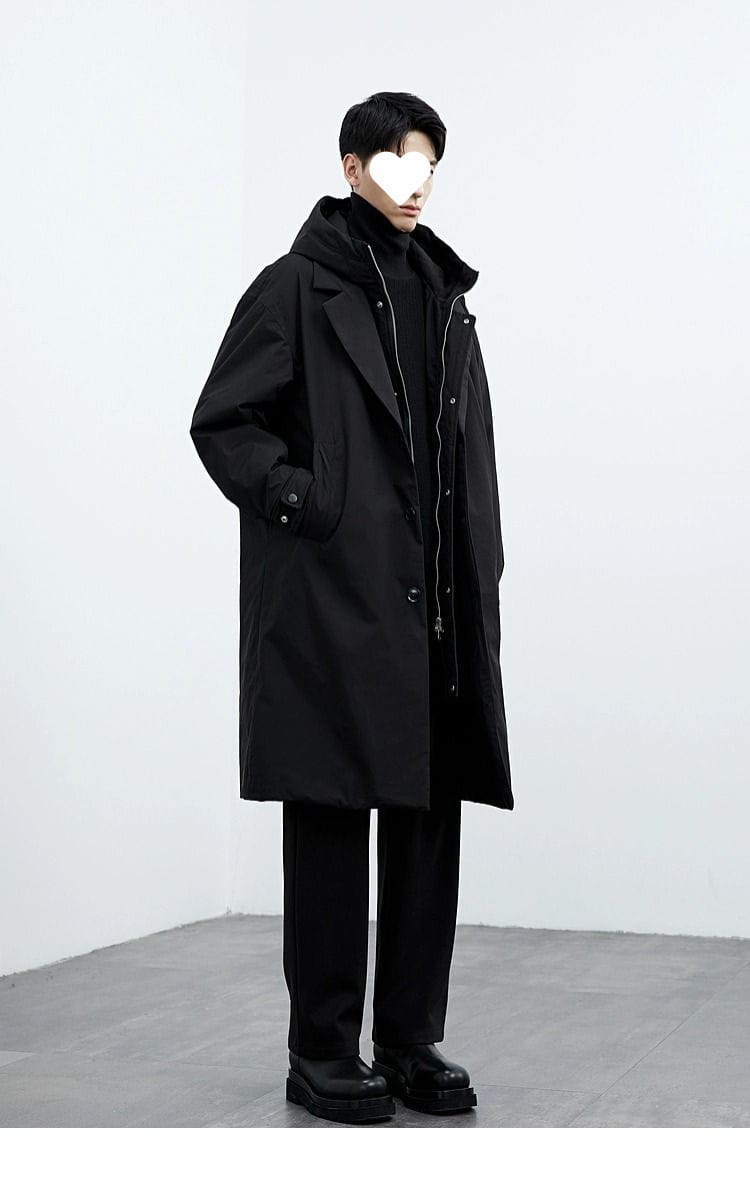 men hooded trench coat longline black with hood and front zipper closure designed as a false two piece winter jacket
