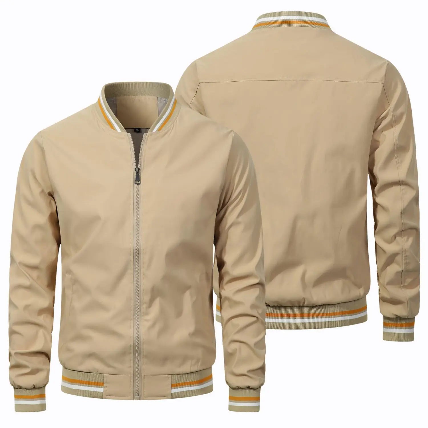 Chaqueta bomber de hombre beige con ribete a rayas contrastadas en naranja y blanco en el cuello, los puños y la pretina, diseñada como ropa exterior informal.