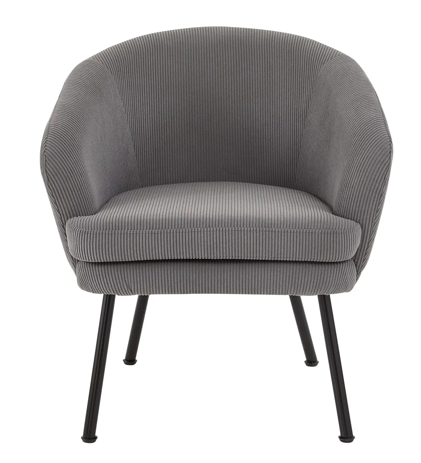 gray corduroy barrel chair with black metal legs featuring a comfortable upholstered seat and modern design