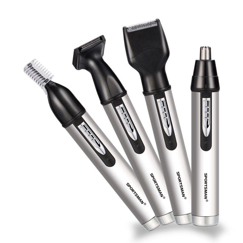 Ensemble de toilettage multifonction de la marque Sportsman, noir et argent, comprenant des accessoires interchangeables pour la coupe des poils du nez dans un kit de toilettage électrique 4 en 1 avec USB.