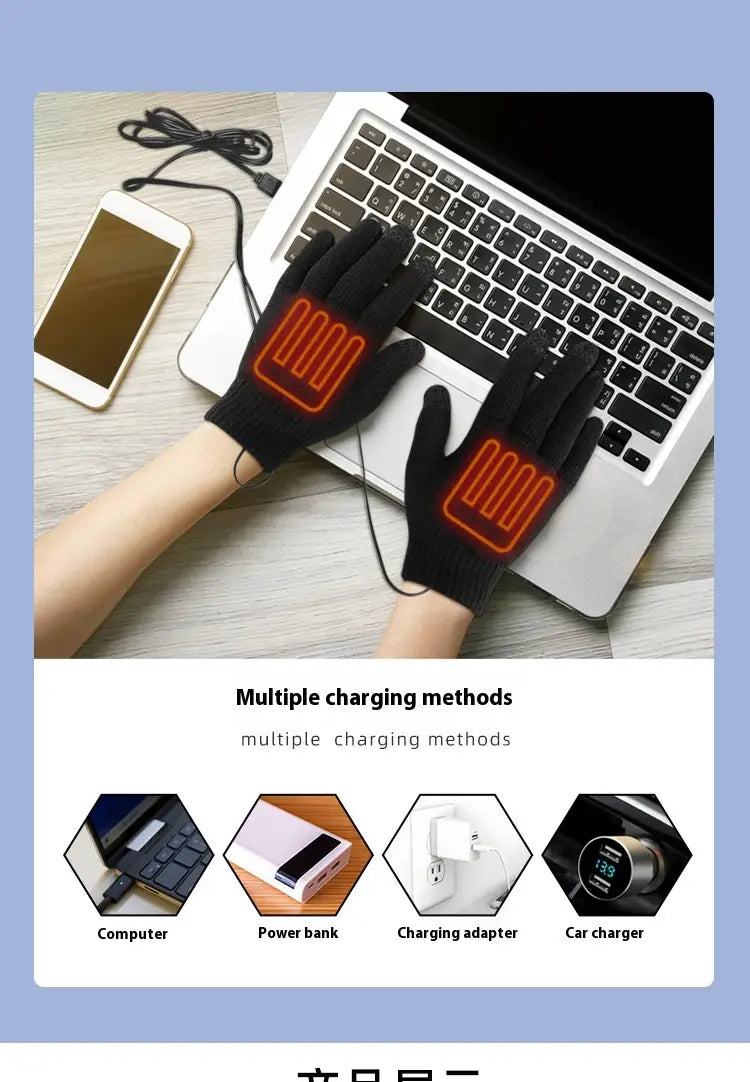 usb heated typing gloves shown from the palm side in black with orange glowing heating elements designed for thermal warmth while typing in winter.
