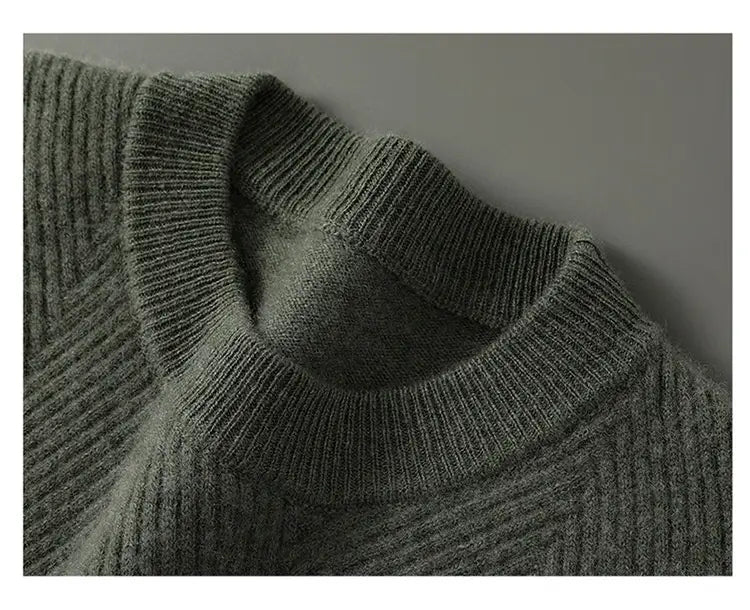 Men’s herringbone knit cashmere pullover sweater in cozy olive green with ribbed knit soft textured fabric and classic crew neckline.