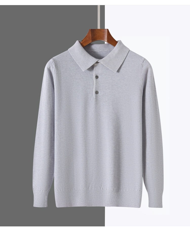Light gray long-sleeved knit polo sweater pullover with a classic collar and three dark buttons.