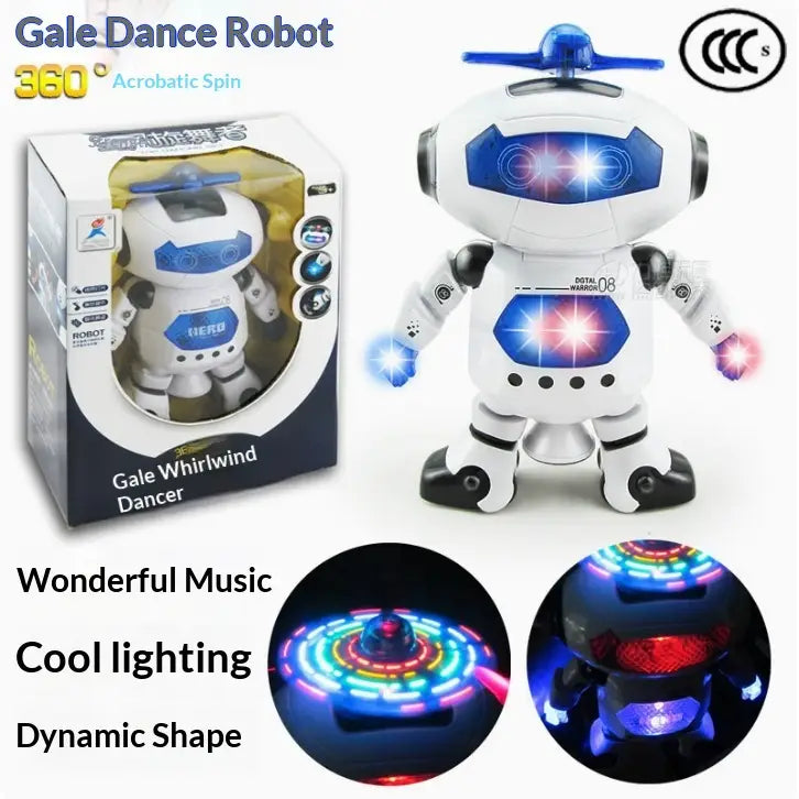 White and blue gale dance robot toy with glowing LED lights on its face chest and hands designed for music and interactive dancing.