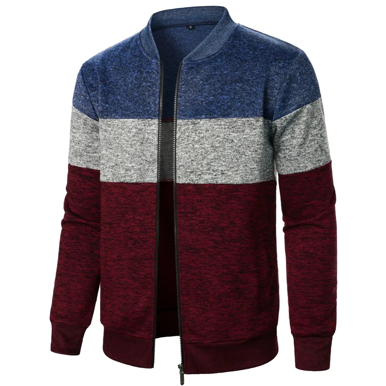 A men’s colorblock knit bomber jacket featuring three-tone navy blue, heather gray, and maroon fabric.