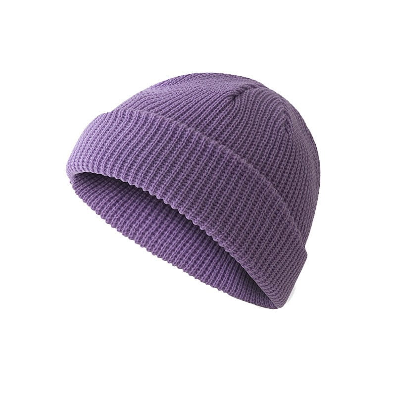 a soft purple ribbed knit beanie with a folded brim shown as an alternative to the dark gray ribbed wool beanie hat product